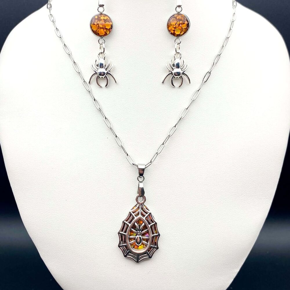 Halloween Spider Web Jewelry Set – Orange Glitter Resin & Silver Tone